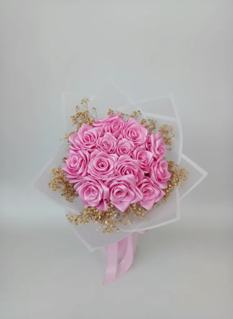 Pink Satin Ribbon Rose Bouquet - Special Occasion Gift and Decorative