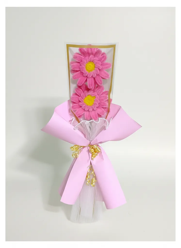 Pembe Şönil İkili Gerbera Buketi - Dekoratif El Yapımı Çiçek
