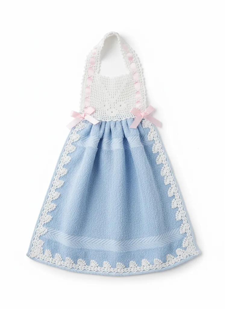 Mavi Mutfak Havlu Önlük - Dantel Detaylı, Pembe Kurdeleli - El Emeği