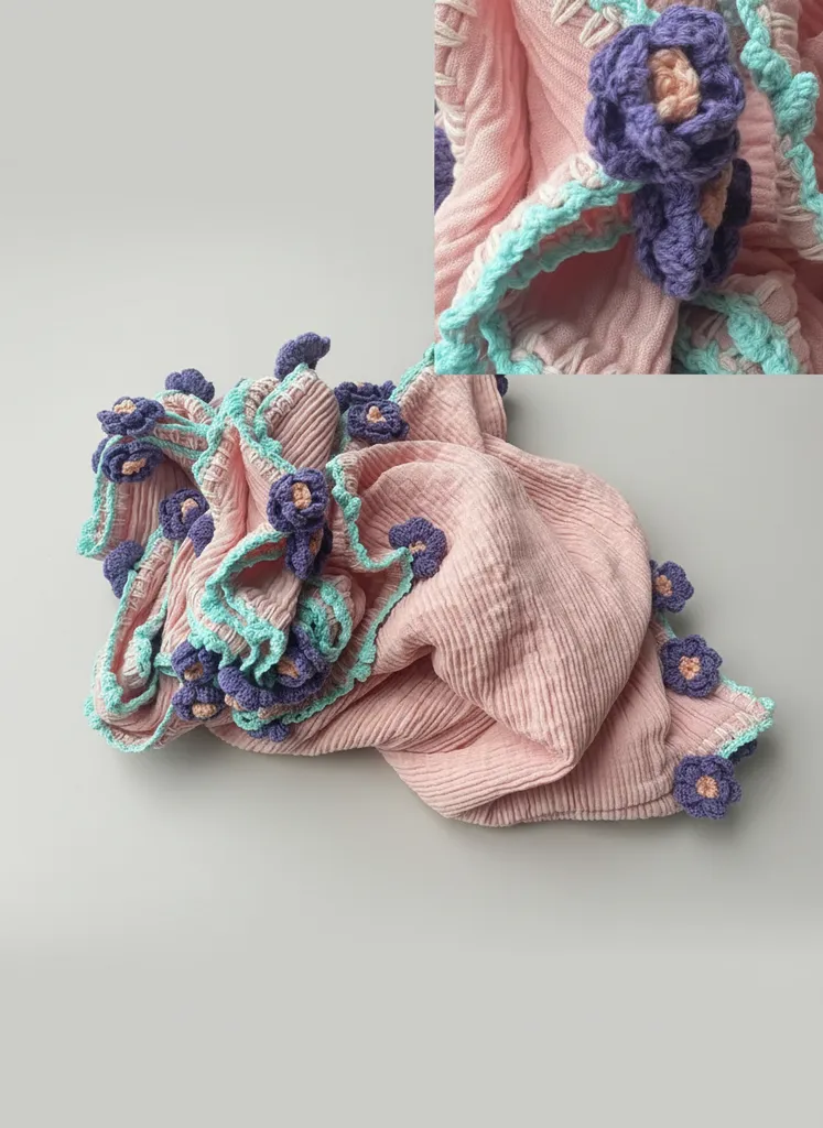 Çiçek motifleri işlenmiş çok amaçlı müslin örtü 150x150