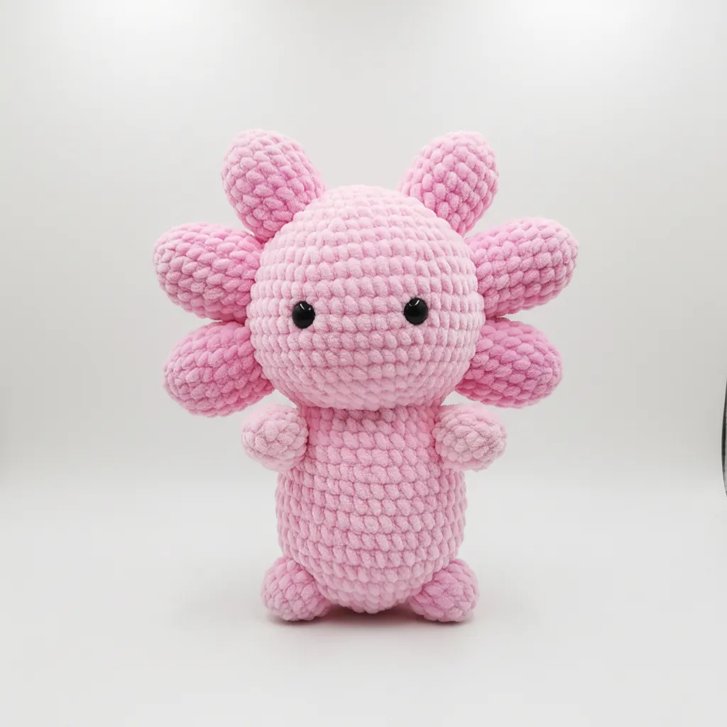 Pembe Kadife İplikten Amigurumi Su Semenderi Oyuncak Bebek