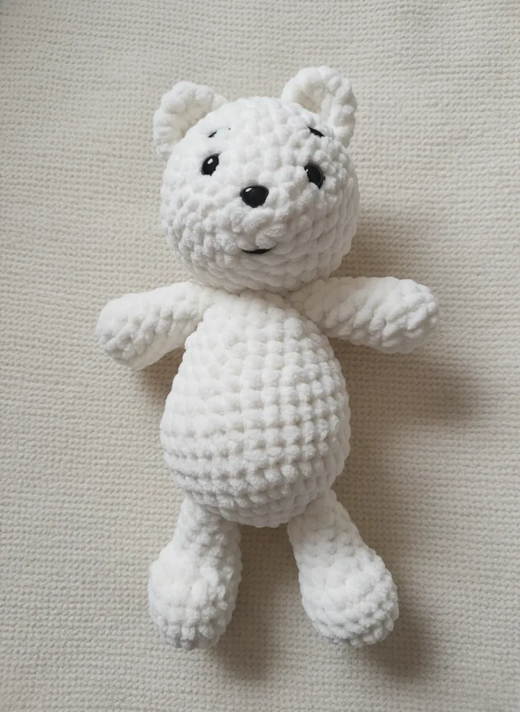 White Amigurumi Bear Toy - With Safety Eyes, Knitted with Velvet Yarn