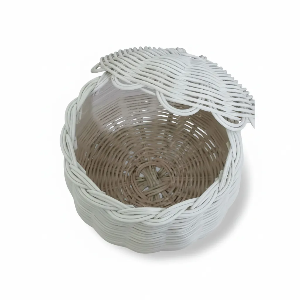 Kapaklı Beyaz Rattan Sepet - El İşçiliği Bambu Saklama Kutusu