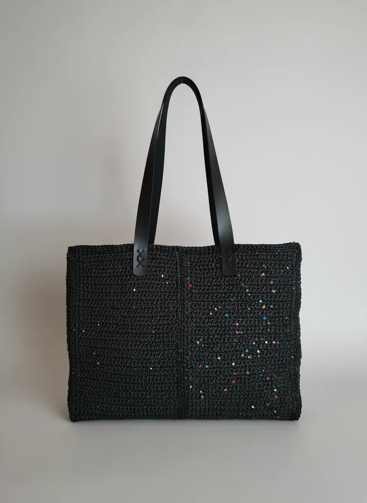 Siyah Kağıt İp Örgü Pullu Büyük Boy Omuz Çantası - El Emeği