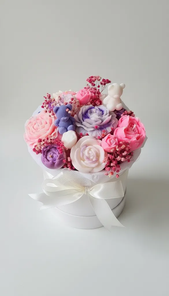 Solmayan Renkli Çiçek Buketi ve Mum Aranjmanı - Premium Flower Box