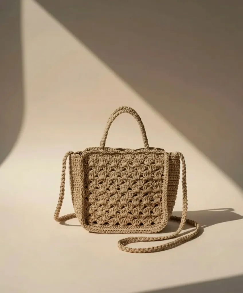 Bej Renkli Kâğıt İp Örgü Omuz Çantası - Küçük Boy - El Yapımı