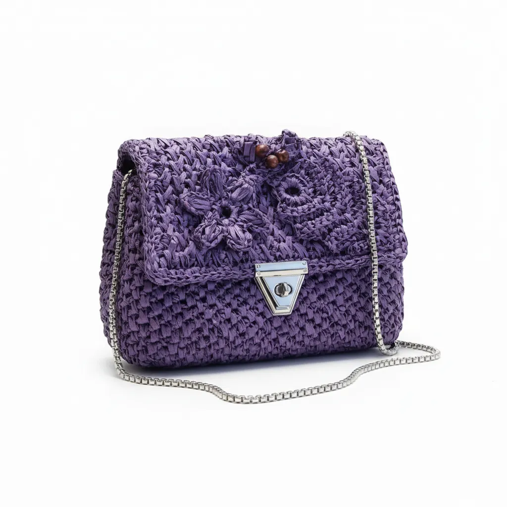 Rafya İpten Mor Çapraz Omuz Çantası - Astarlı ve Zincir Detaylı