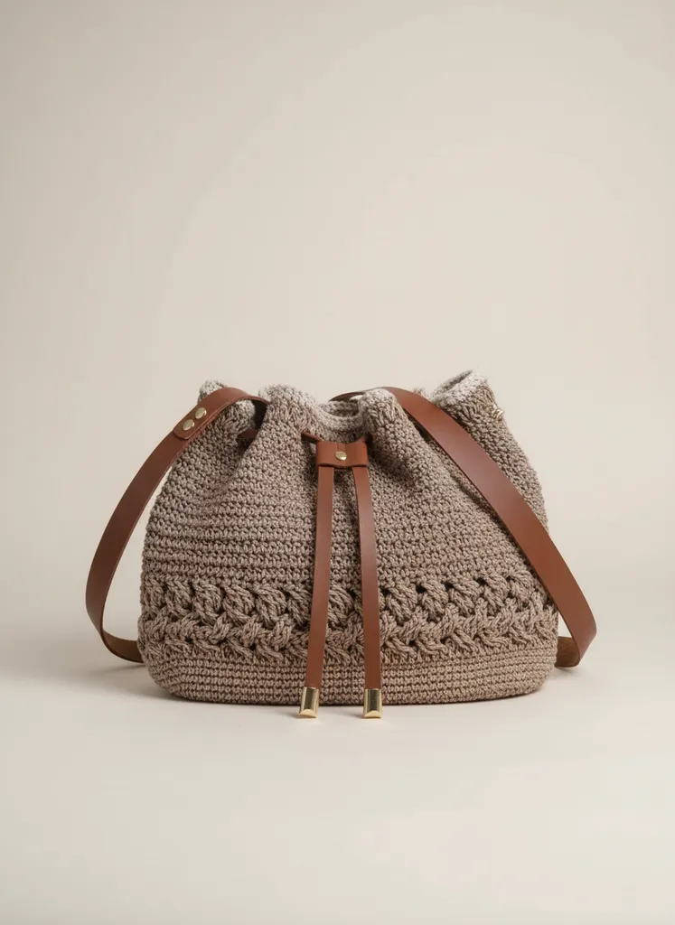 Bej Renkli Örme Çuval Çanta - Kahverengi Deri Detaylı - El Yapımı