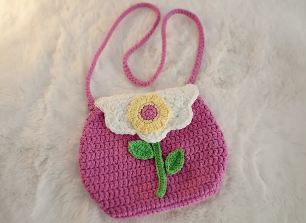 Pink Floral Patterned Knitted Children's Bag - Handmade Girl's Bag