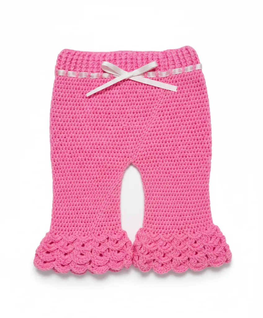 Pembe Örgü Bebek Pantolonu Fırfırlı ve Kurdele Detaylı - El Emeği