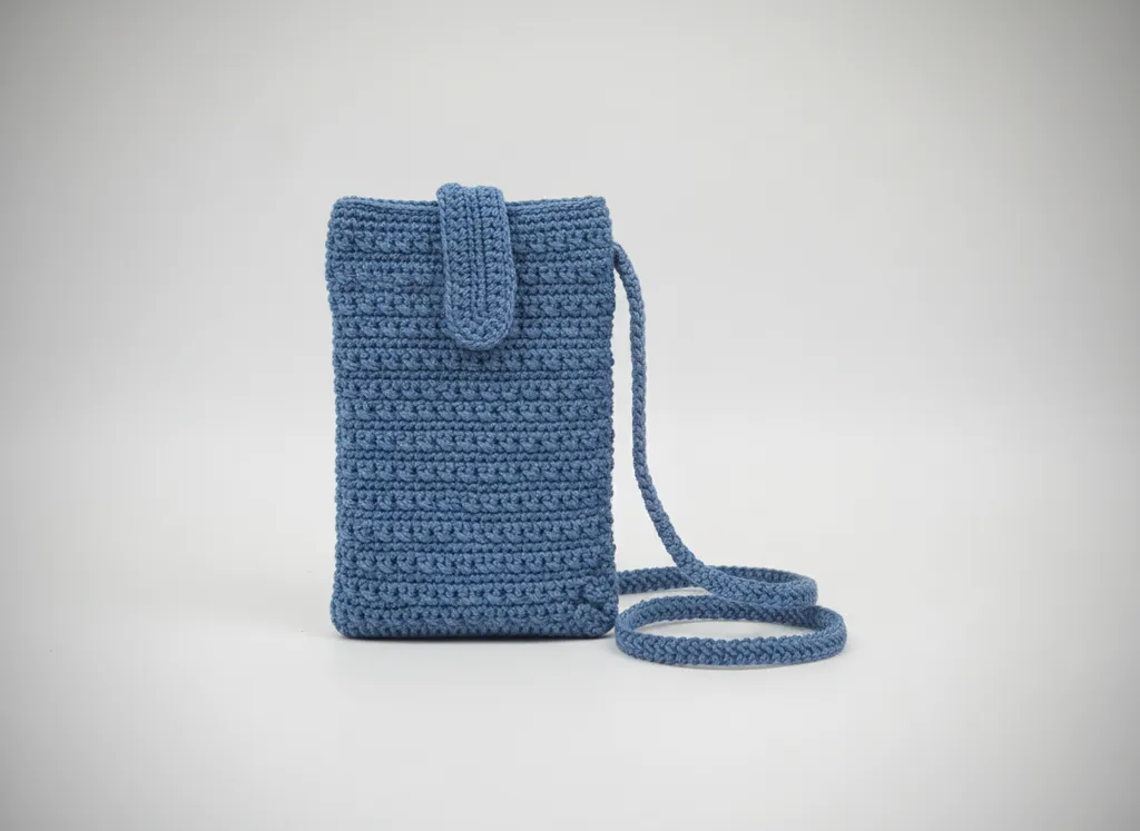 Blue Knitted Phone Bag - With Strap and Button, Handmade