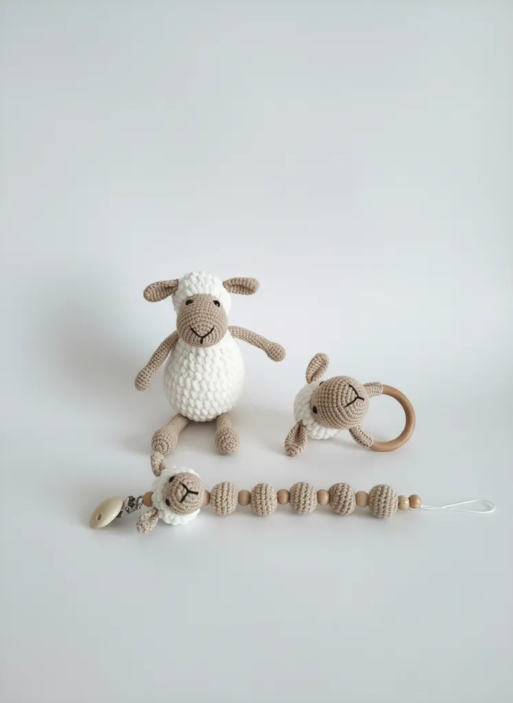 Amigurumi Oyuncak Kuzu Seti - Kadife İp ve Ahşap Detaylı