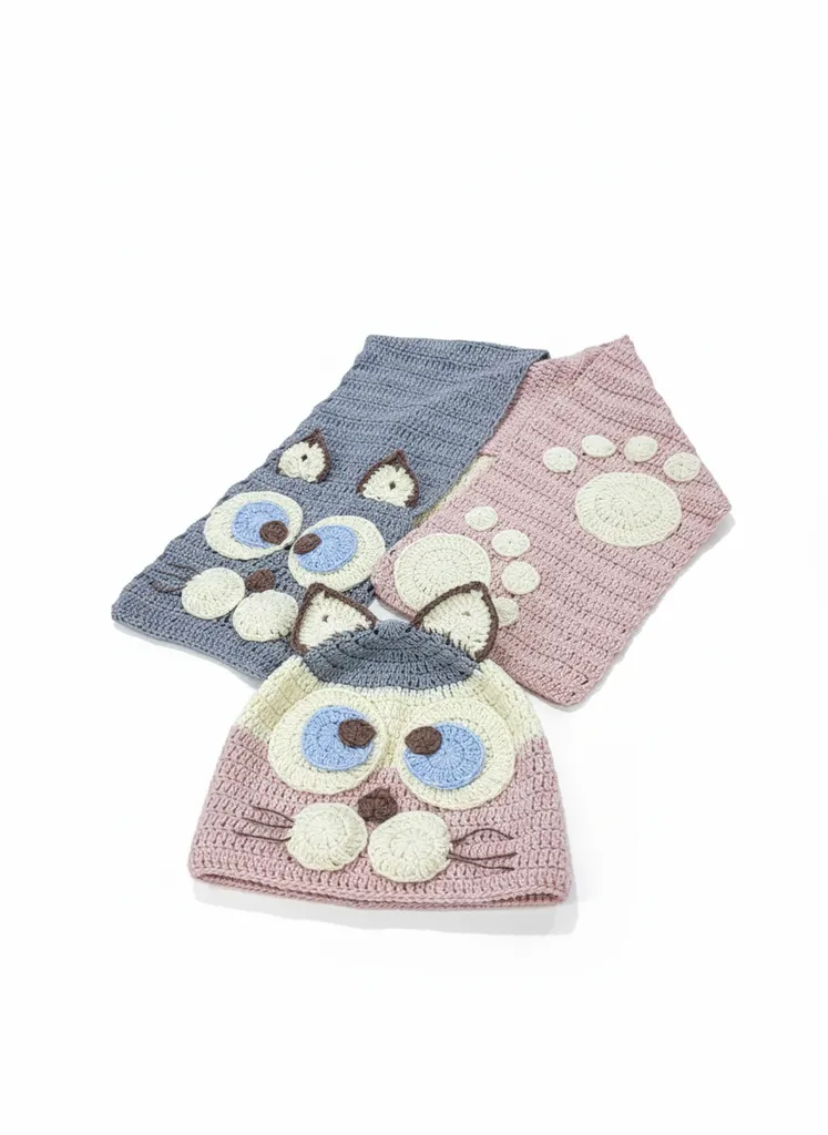 Sevimli Kedi Tasarımlı Örgü Atkı Bere Takımı - El Emeği