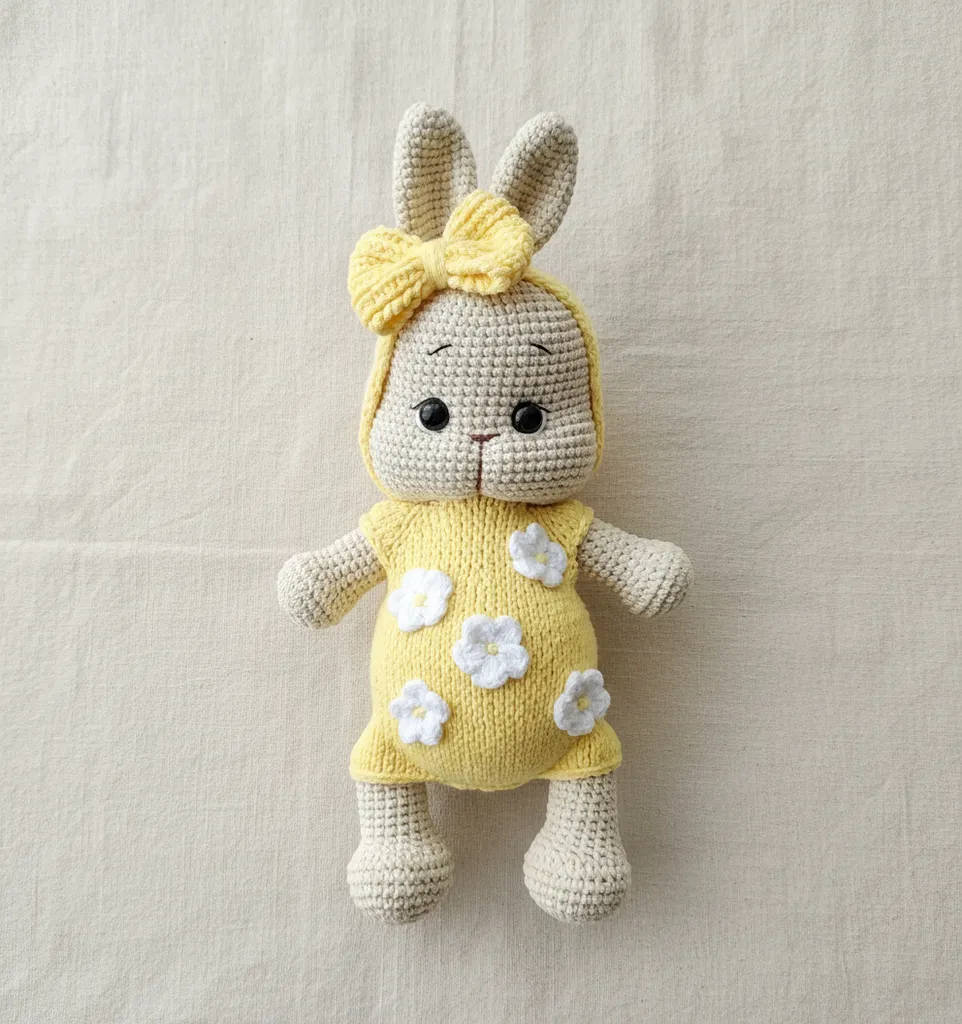 Sarı Elbiseli Amigurumi Tavşan Bebek - 22 cm Boyunda - El Emeği