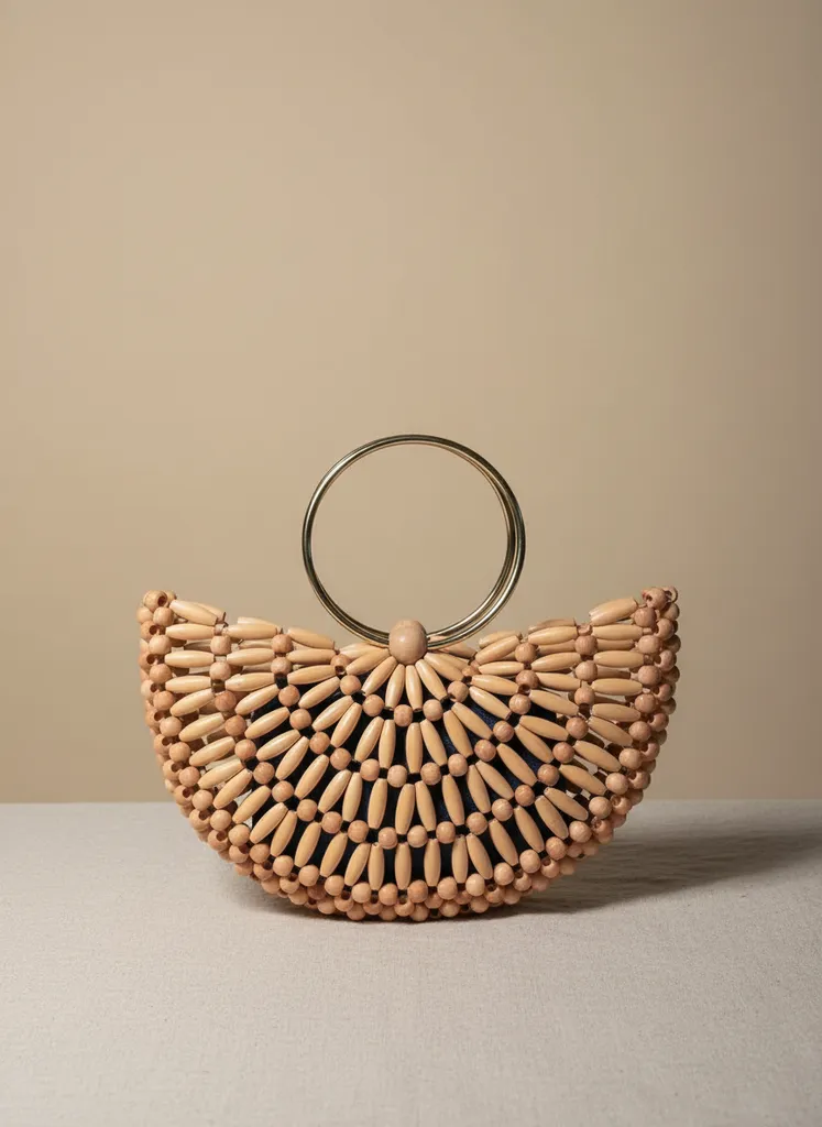 Doğal Ahşap Boncuklu Yarım Ay Çanta - Metal Saplı Şık Tasarım