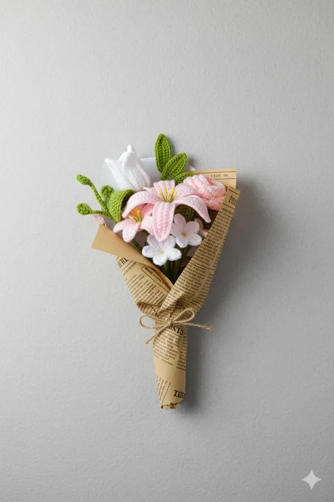 Pembe Lilyum ve çiçeklerden el yapımı örgü çiçek buketi 