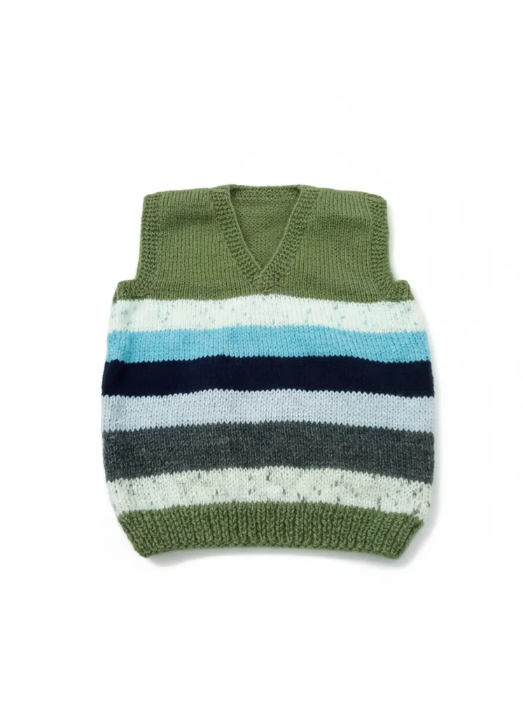 Yeşil Çizgili Örgü Süveter Bebek Çocuk Triko Yelek - El Örgüsü