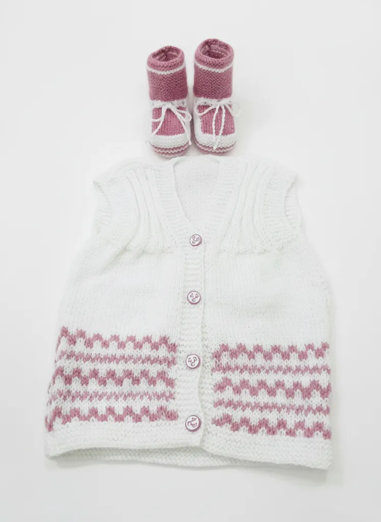 Örgü Bebek Yeleği ve Patik Takımı - Pembe Beyaz - 1,5-2 Yaş