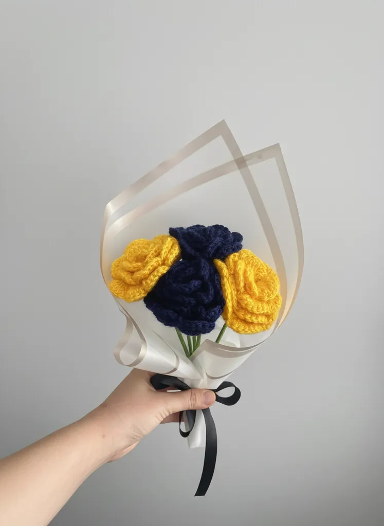 Sarı ve Lacivert Renkli 4 Adet Örme Gül Buketi Dekoratif Çiçek