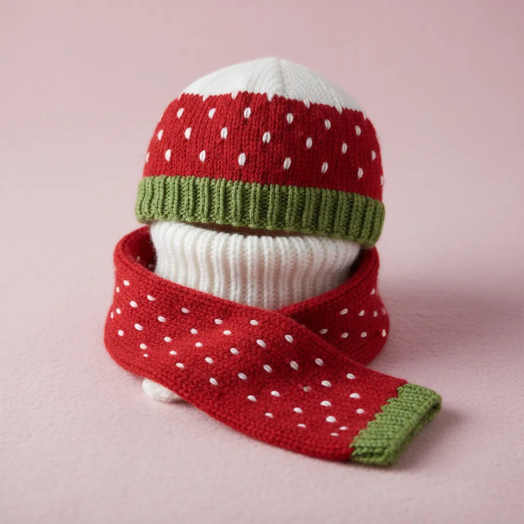Çilek Desenli Örgü Bebek Şapka Boyunluk Atkı Takımı - Bebe Yünü