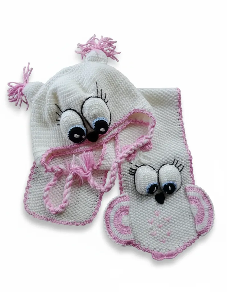 Beyaz Örgü Baykuş Desenli Çocuk Atkı Şapka Takımı - El Emeği