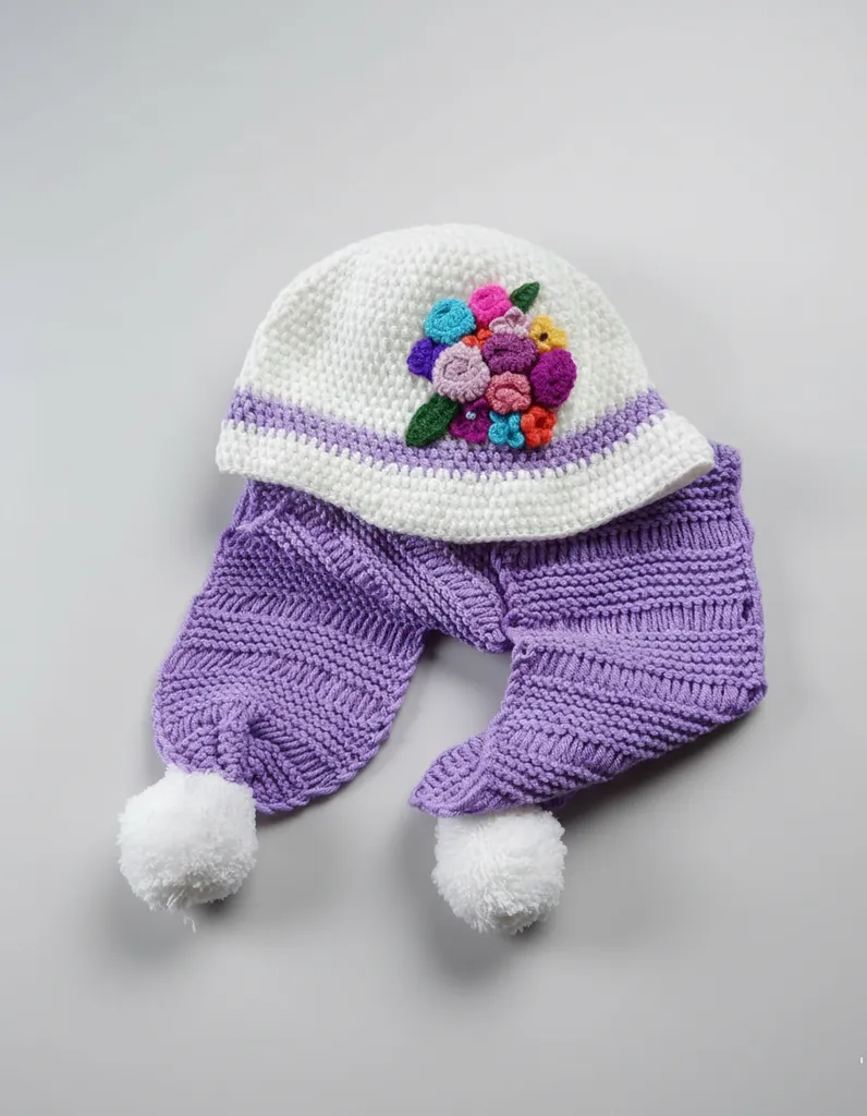 Örgü Çiçek Desenli Çocuk Şapka ve Ponponlu Atkı Takımı