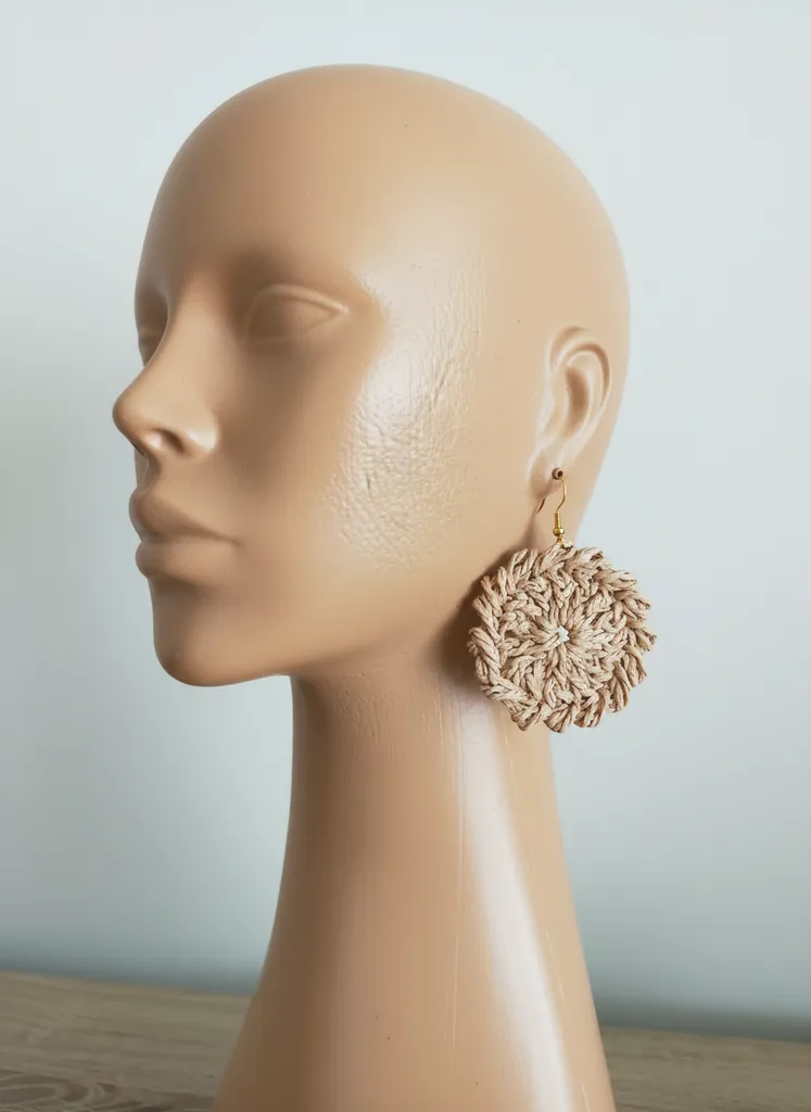 Bej Rengi Yuvarlak Hasır Kağıt İp Küpe - El Yapımı Tasarım