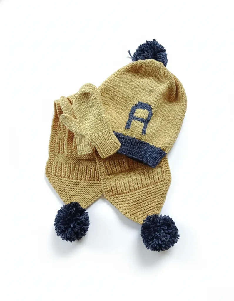 Sarı Gri Renkli A Harfli Çocuk Atkı Bere Eldiven Takımı - El Örgüsü