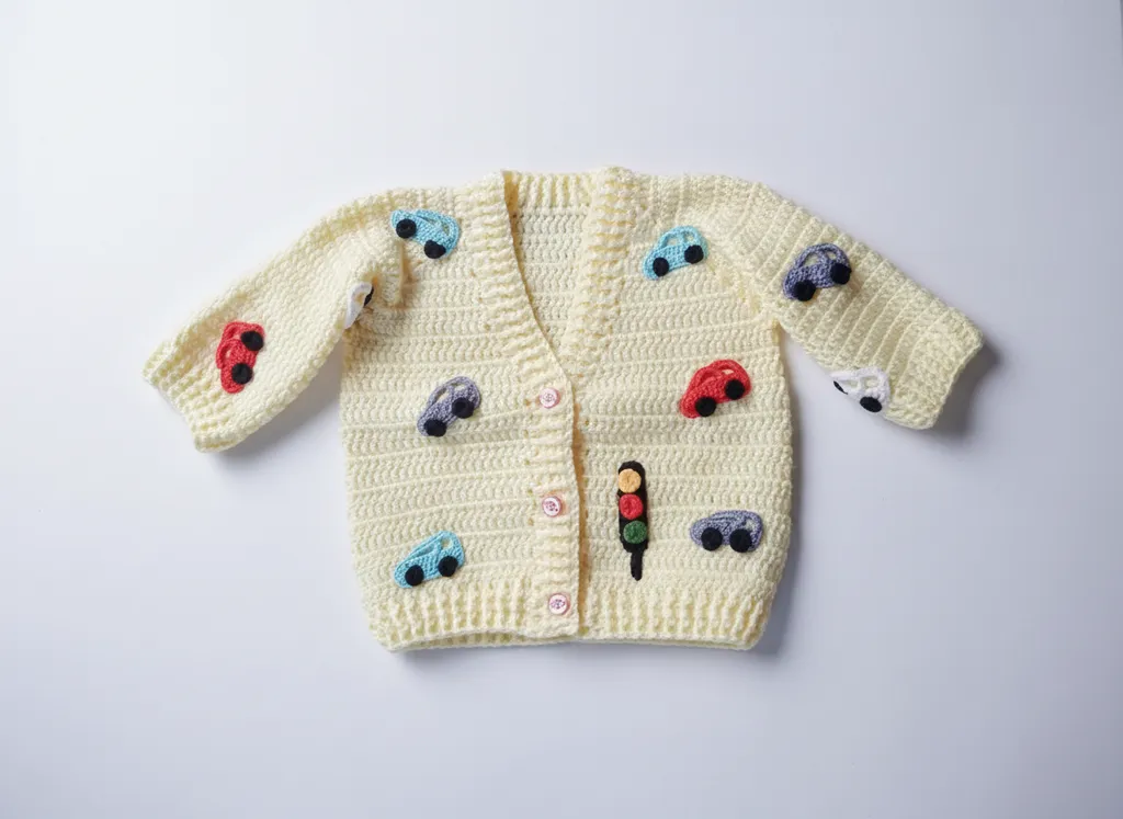 Sarı Örgü Bebek Hırkası - Araba ve Trafik Lambası Figürlü, El Emeği