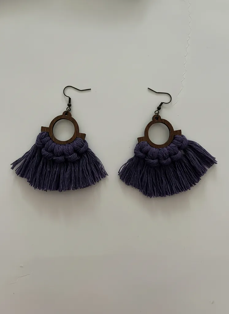 Purple Colorful Wooden Detailed Macrame Earrings - Handmade Bohemian Style