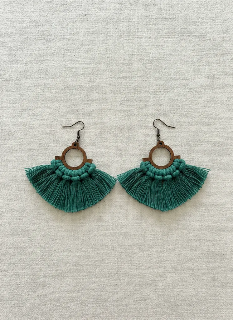 Green Macrame Earrings - Wooden Detailed, Tasseled, Bohemian Style