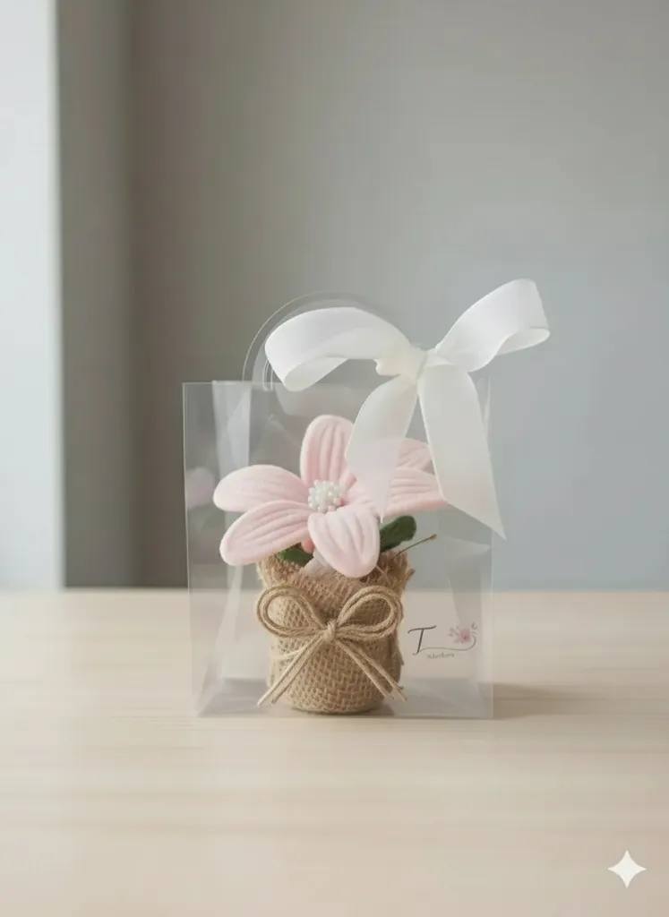 Pembe Şönil Çiçek Saksı - Hediye Kutusu İçinde El Emeği Tasarım