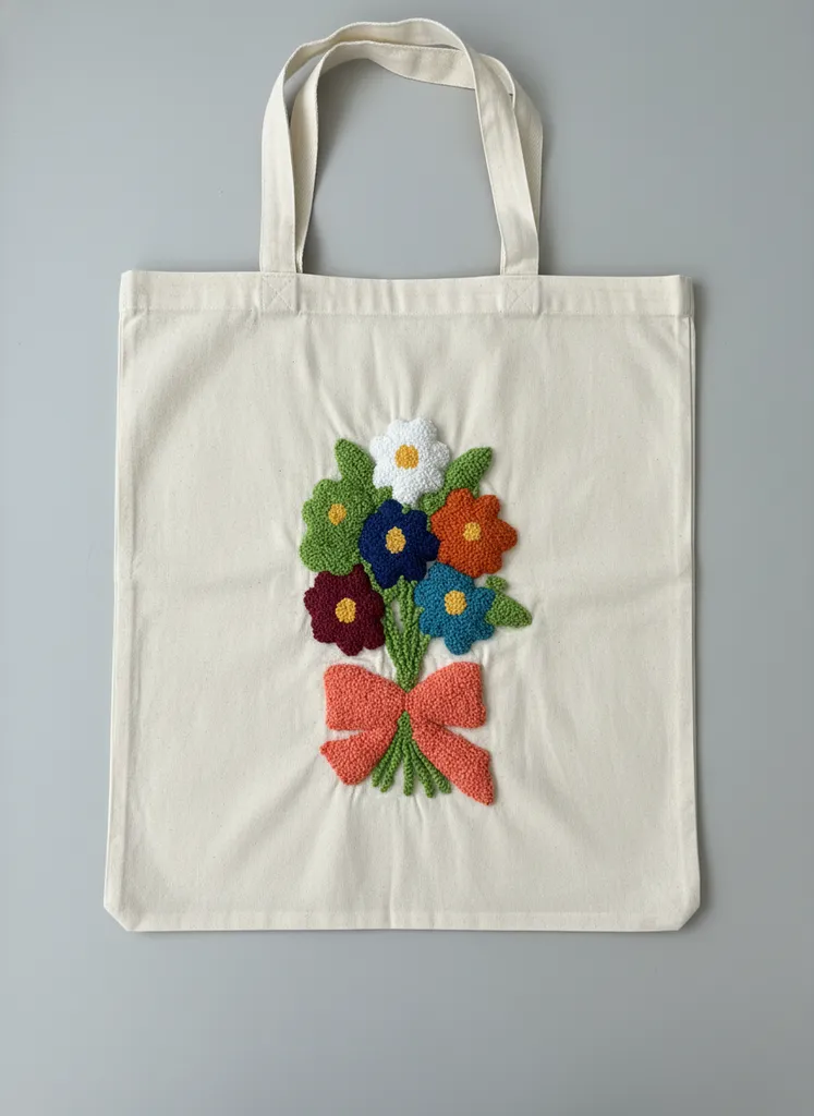 Krem Renkli Punch Nakışlı Papatya Desenli Bez Çanta - El Emeği