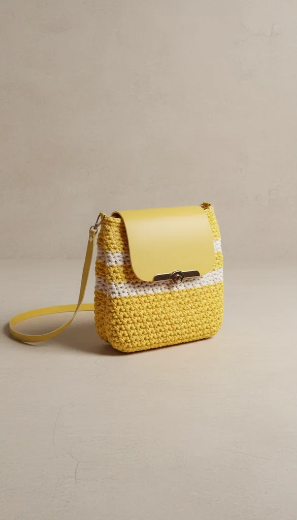 Sarı Makrome Örgü Omuz Çantası - Deri Kapaklı ve Detaylı Tasarım