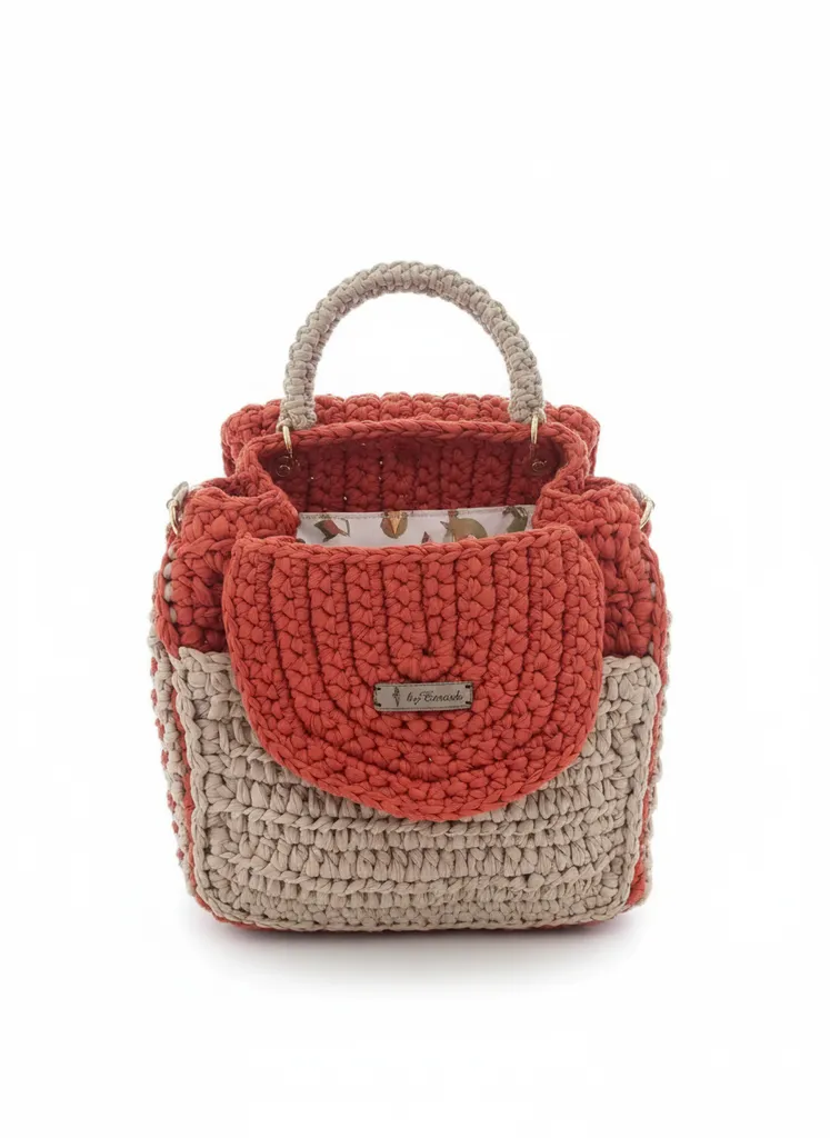 Turuncu ve Krem Renkli Yıkanabilir Rafya İpli Örgü Omuz Çantası