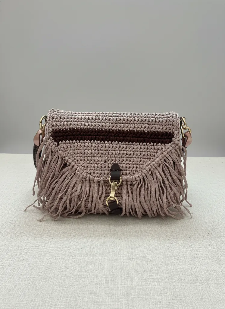 Simli Makrome Püsküllü Omuz Çantası - Pudra ve Kahverengi Detaylı