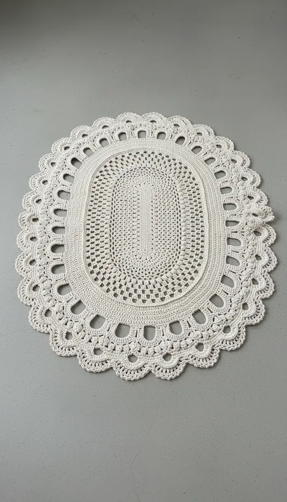Krem Rengi Oval Makrome Paspas - 78x100 cm - El Örmesi