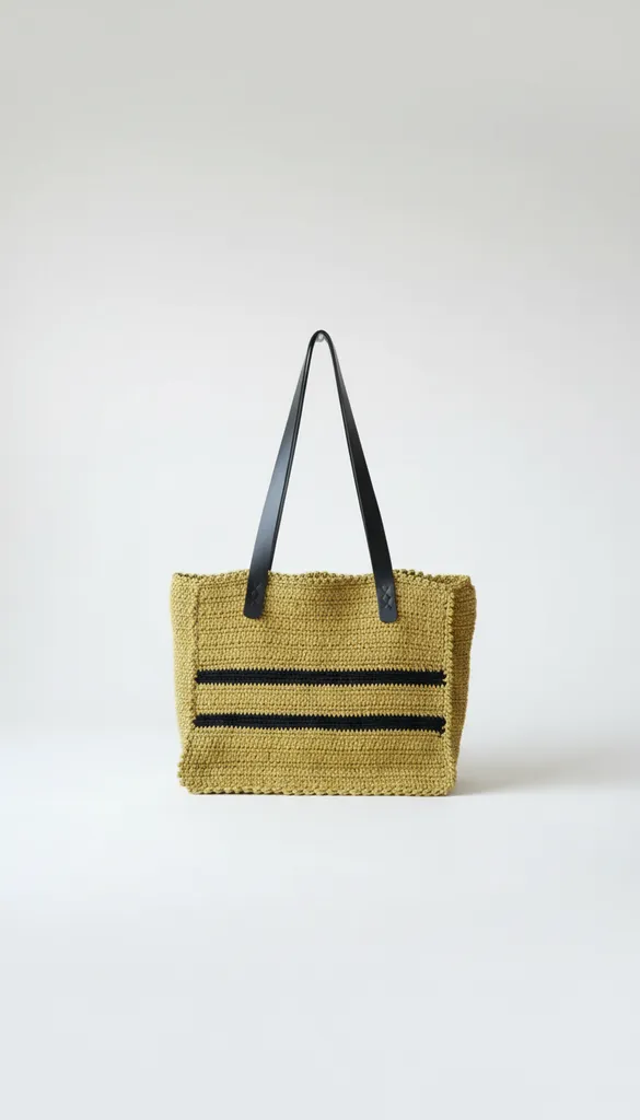 Yağ Yeşili Makrome Örgü Kol Çantası - Siyah Deri Detaylı, El Yapımı