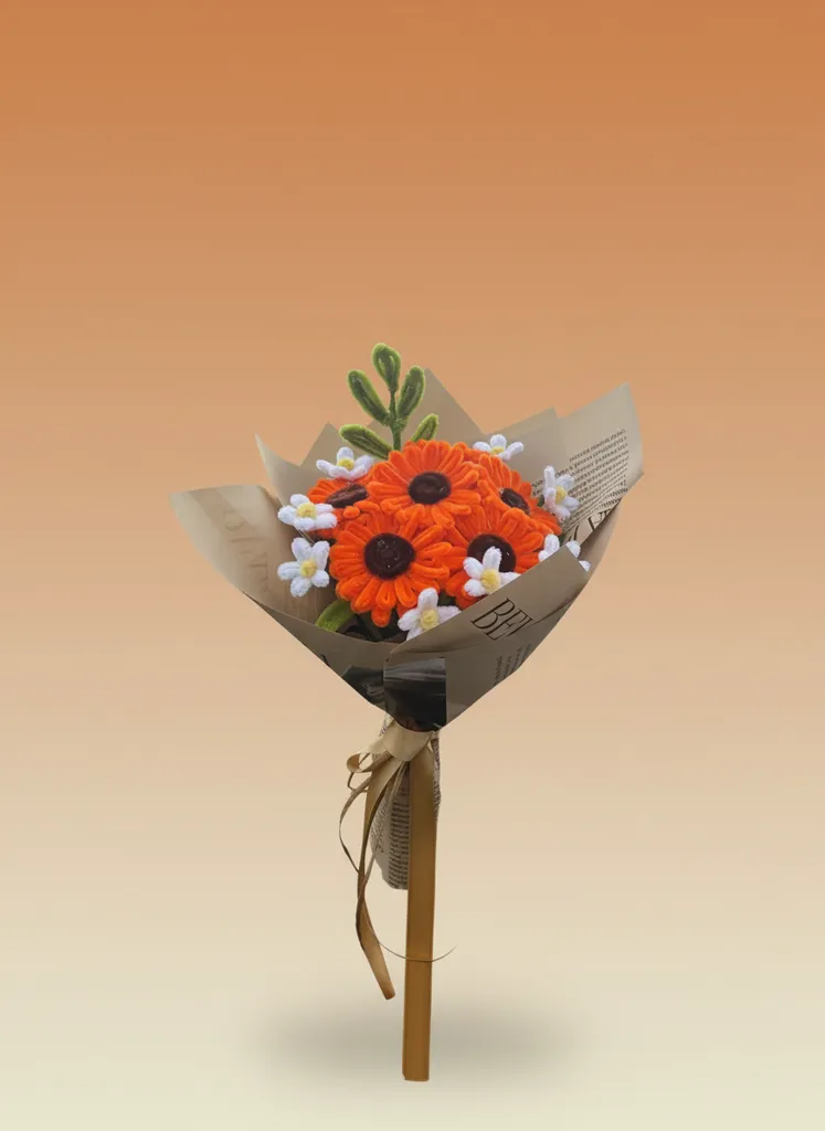 Turuncu Şönil Buket - El Yapımı Güneş Çiçeği ve Papatyalar