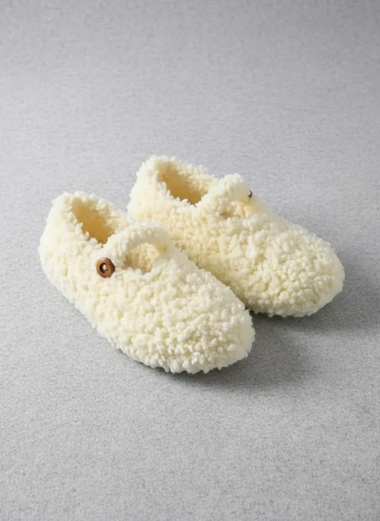 Krem Rengi Örgü Ev Patiği - Kartopu Pinterest İpli Düğmeli Model