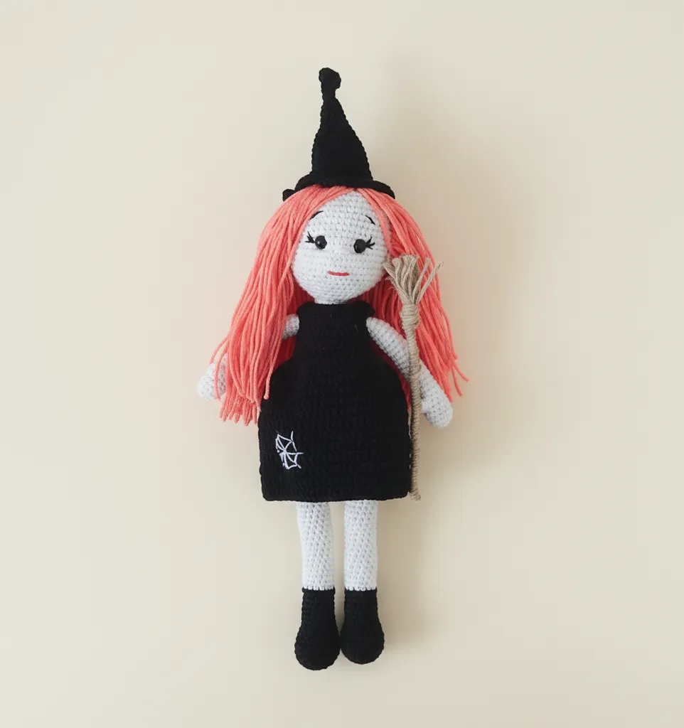 Örgü Cadı Bebek Amigurumi Oyuncak - Siyah Elbise ve Turuncu Saçlı