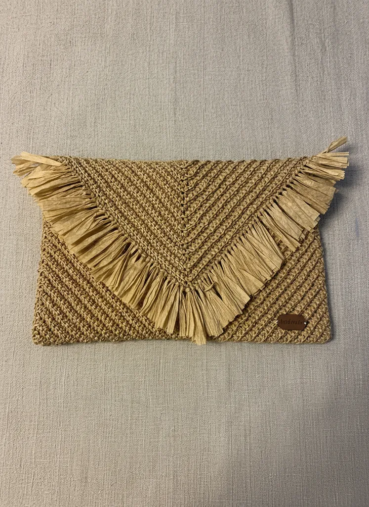 Hasır Görünümlü Kağıt İp Clutch Çanta - Püsküllü ve El Yapımı