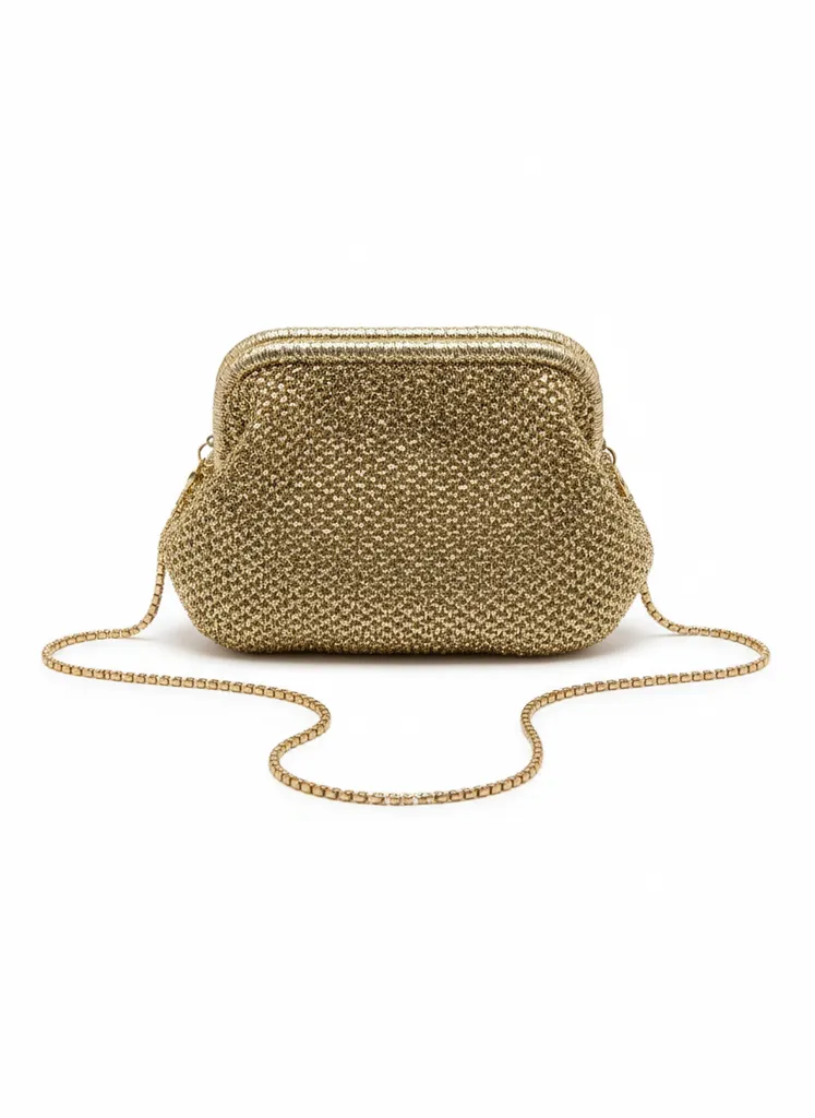 Altın Rengi Metal İp Örgü Burslu Çanta - Zincir Askılı Şık Tasarım