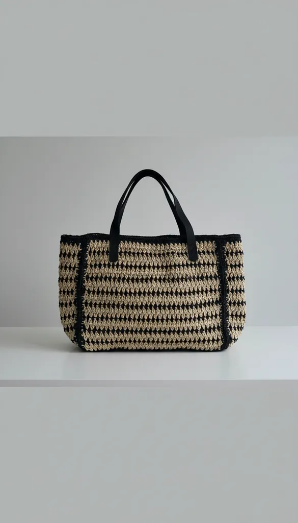 Örgü Plaj Çantası - Siyah ve Bej Desenli, Geniş Hacimli