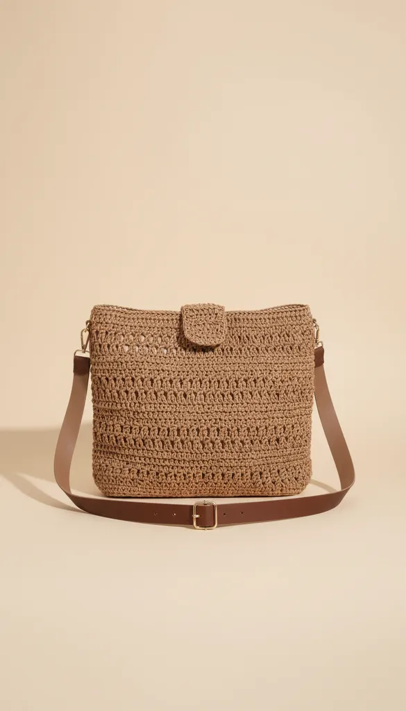 Hasır Örgü Postacı Çantası - Kahverengi Askılı, Mıknatıslı Kapaklı