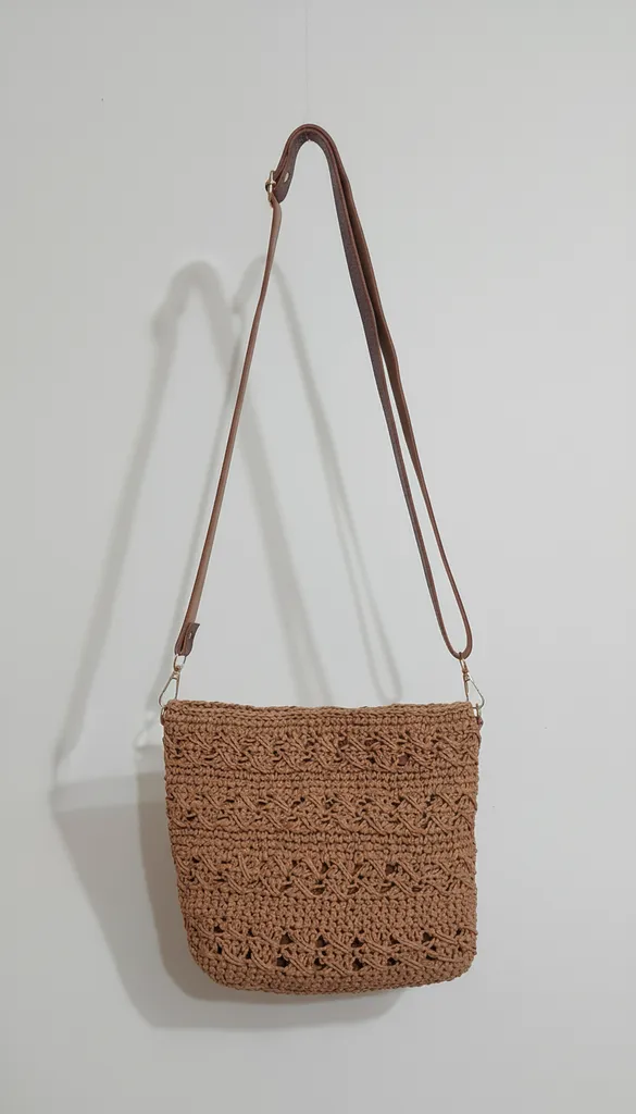 Kahverengi Kağıt İp Örgü Çapraz Askılı Omuz Çantası - El Yapımı