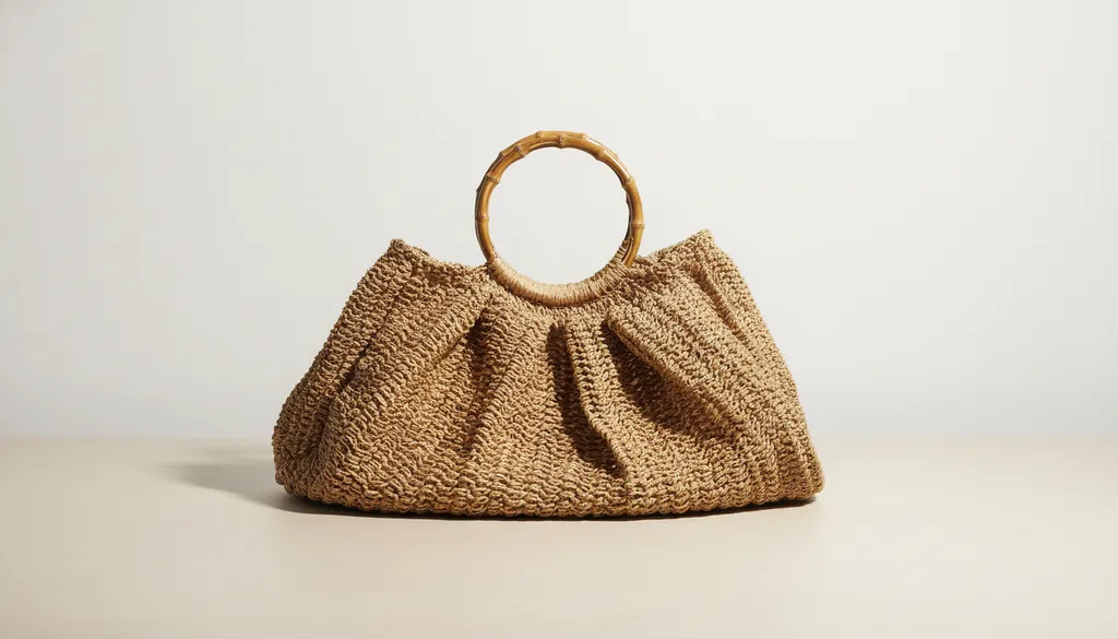 Yuvarlak Bambu Saplı Hasır Örme Omuz Çantası - El Emeği