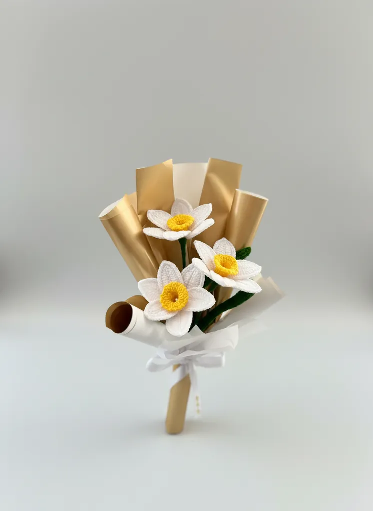 Beyaz Örgü Nergis Buketi - Sarı Detaylı, Dekoratif El Emeği