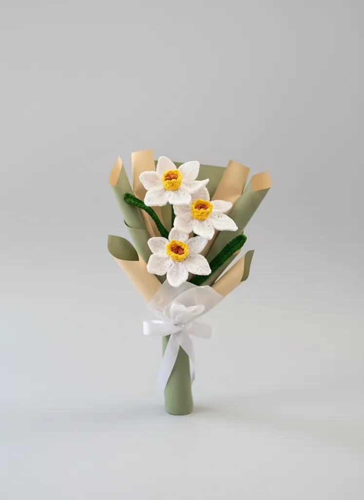 Beyaz Örgü Nergis Çiçek Buketi - Dekoratif El Yapımı Hediyelik