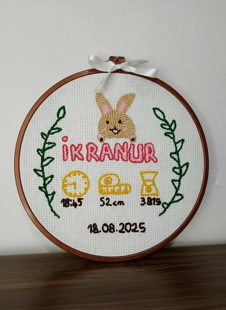 Nakışlı Tavşan Figürlü Doğum Panosu ve Kapı Süsü - El Emeği